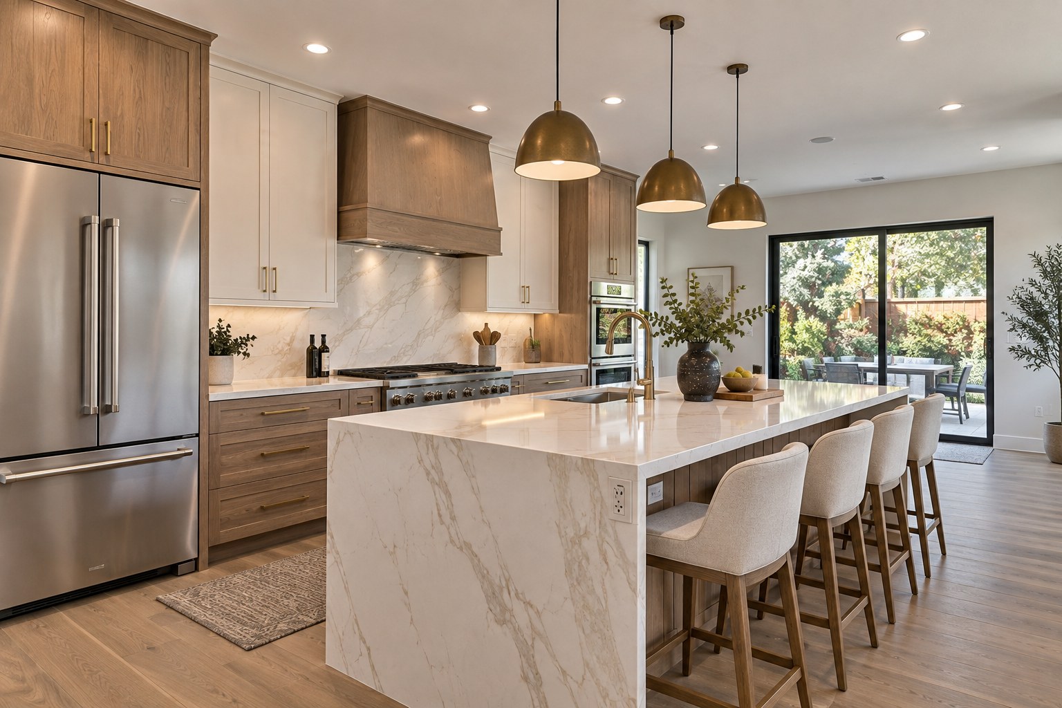 Kitchen with wood cabinetry, marble island and gold pendant lights
